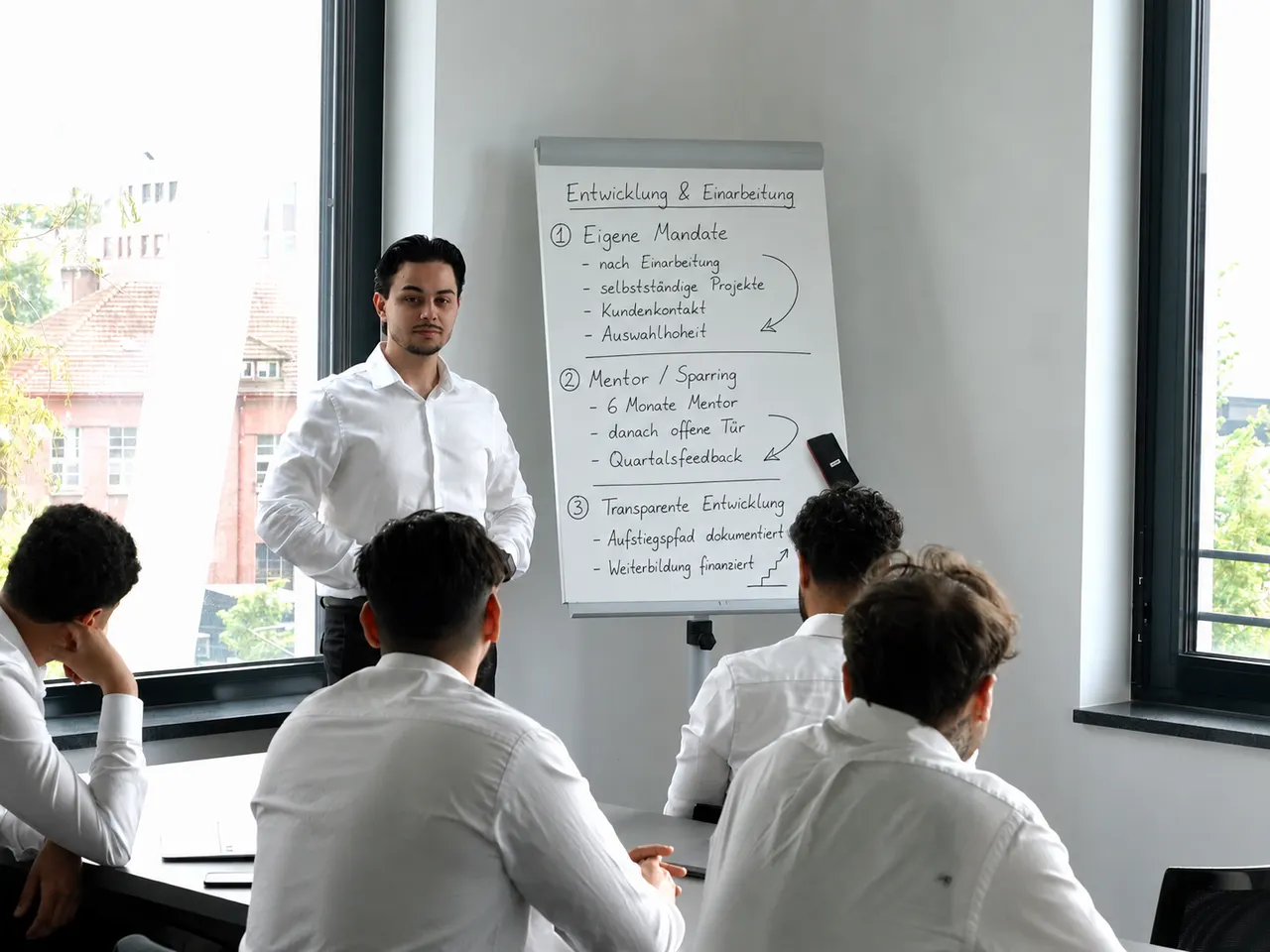 Mentoring-Session am Whiteboard im FACT TALENTS Büro